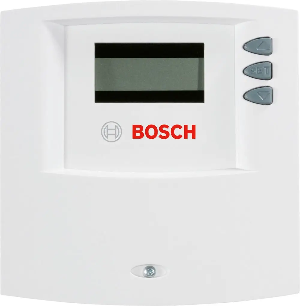Weißer Temperatursensor von Bosch mit einem digitalen Display und drei seitlichen Tasten. Das Design ist kompakt und schlicht.